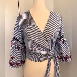 Topshop Blue Striped Blouse with Embroidered Sleeves